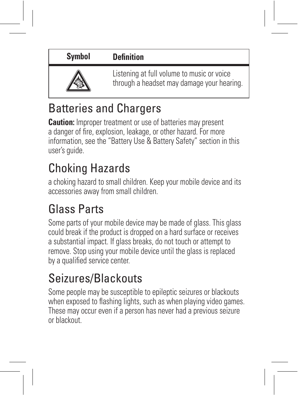 Batteries and chargers, Choking hazards, Glass parts | Seizures/blackouts | Motorola 6802932J69 User Manual | Page 30 / 80