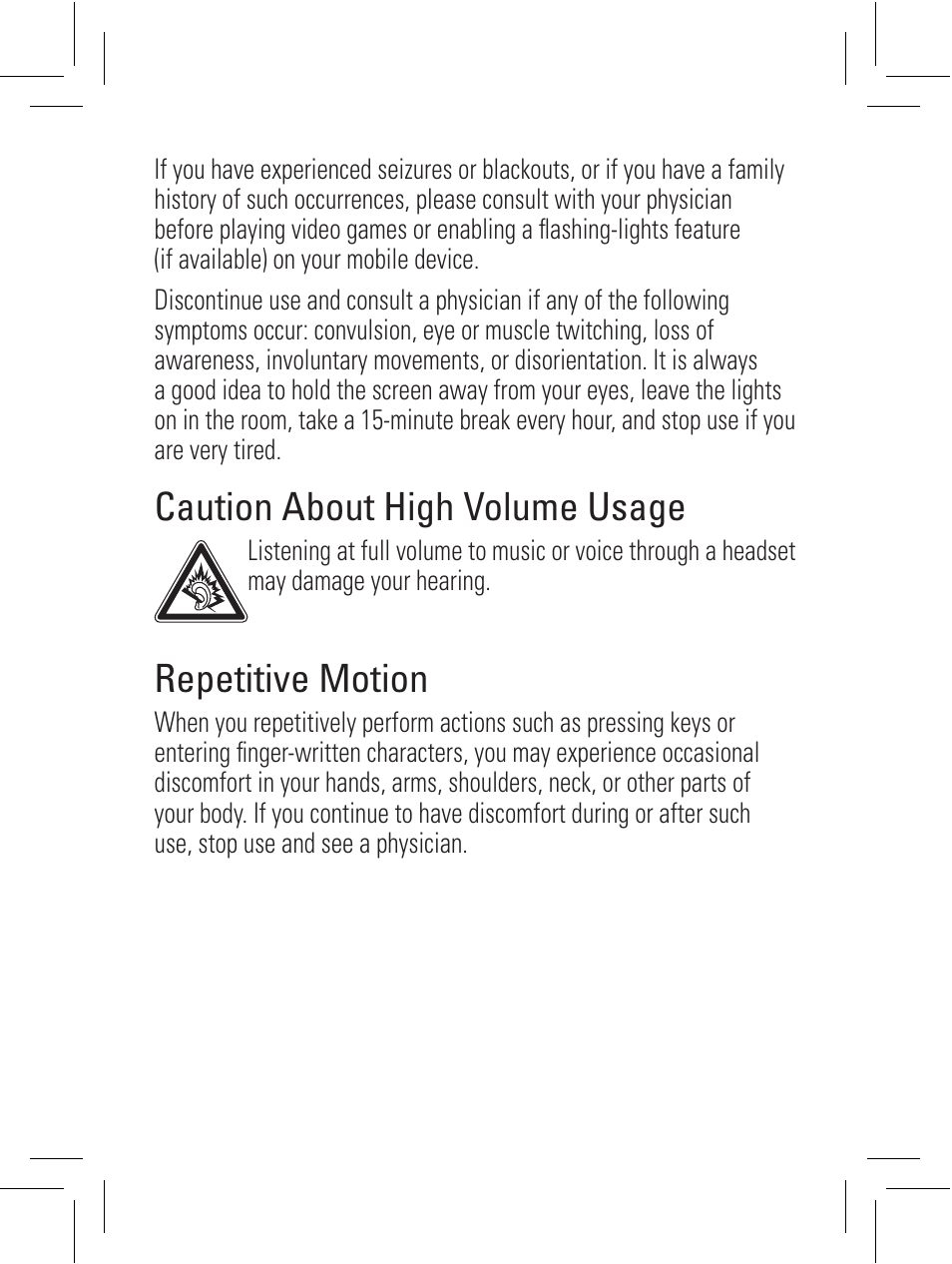 Caution about high volume usage, Repetitive motion | Motorola 6802932J69 User Manual | Page 31 / 80