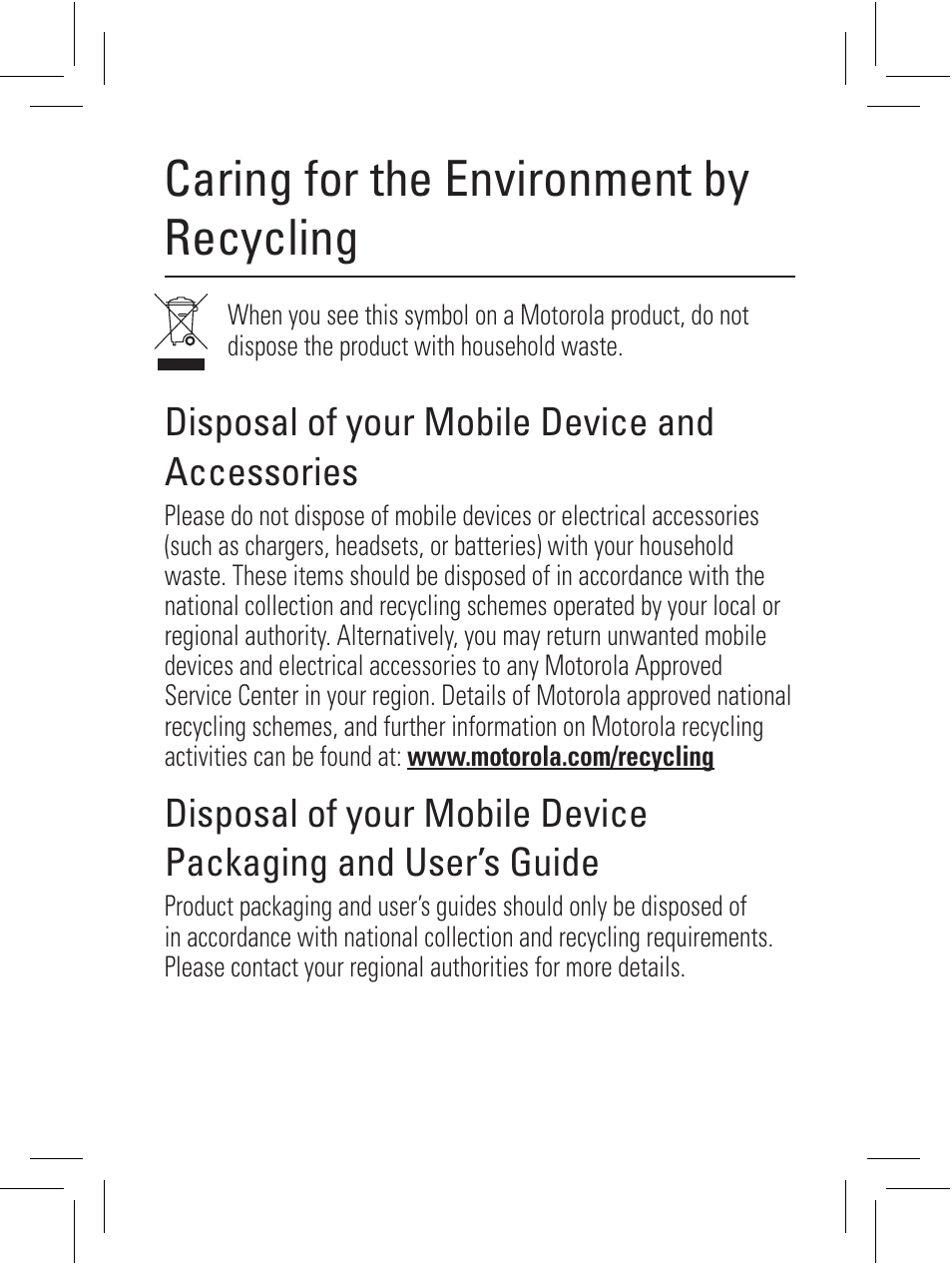 Caring for the environment by recycling | Motorola 6802932J69 User Manual | Page 35 / 80