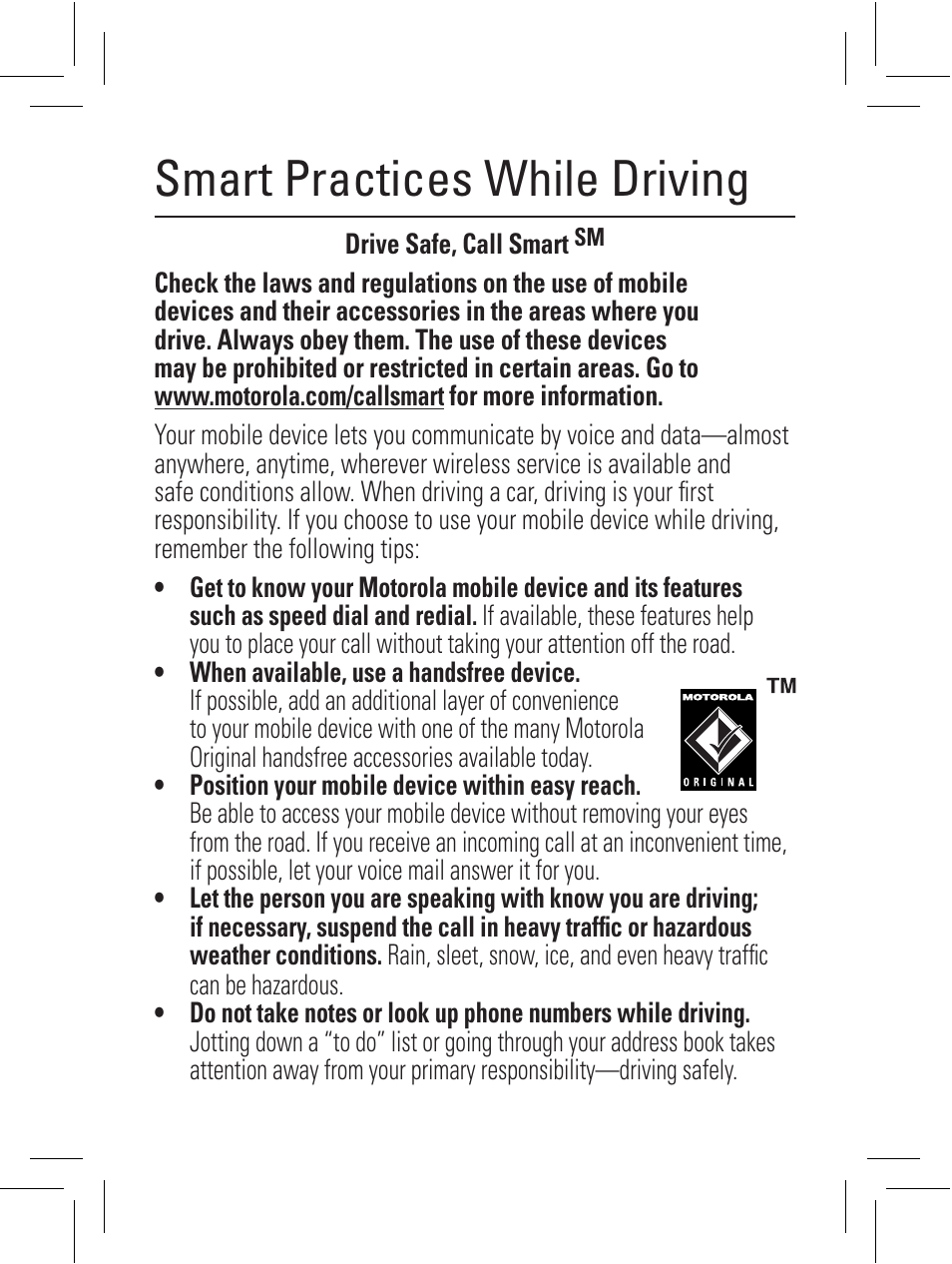 Smart practices while driving | Motorola 6802932J69 User Manual | Page 37 / 80