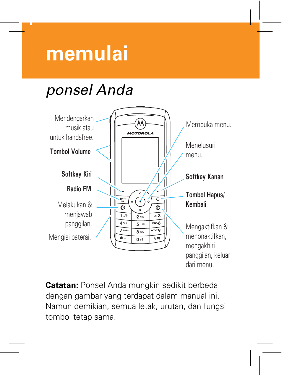 Memulai pengoperasian, Ponsel anda, Memulai | Motorola 6802932J69 User Manual | Page 41 / 80