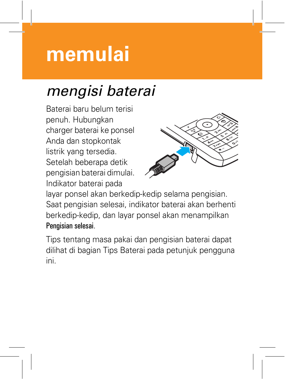 Mengisi baterai, Memulai | Motorola 6802932J69 User Manual | Page 43 / 80