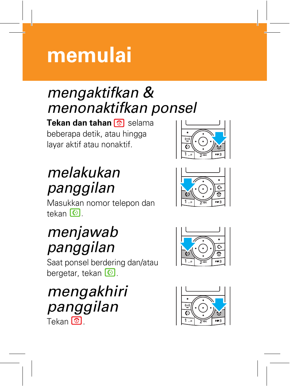 Mengaktifkan & menonaktifkan ponsel, Melakukan panggilan, Menjawab panggilan | Mengakhiri panggilan, Memulai | Motorola 6802932J69 User Manual | Page 44 / 80