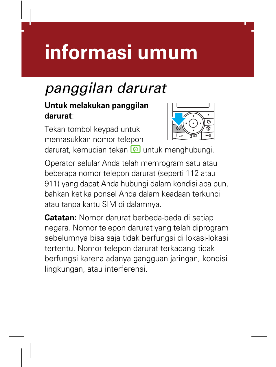 Panggilan darurat, Informasi umum | Motorola 6802932J69 User Manual | Page 46 / 80