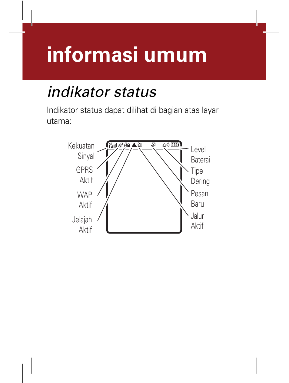 Indikator status, Informasi umum | Motorola 6802932J69 User Manual | Page 48 / 80