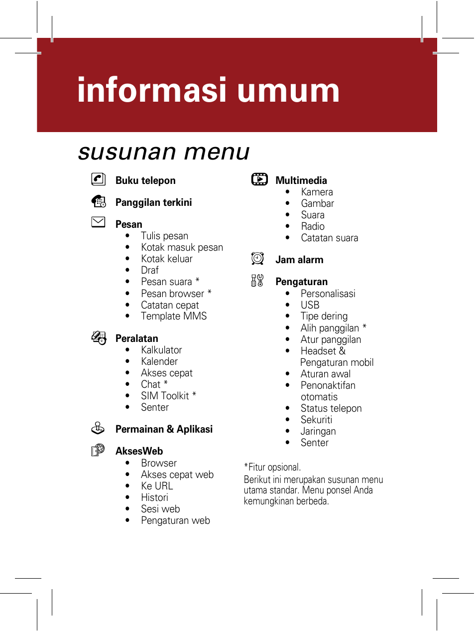 Susunan menu, Informasi umum | Motorola 6802932J69 User Manual | Page 49 / 80