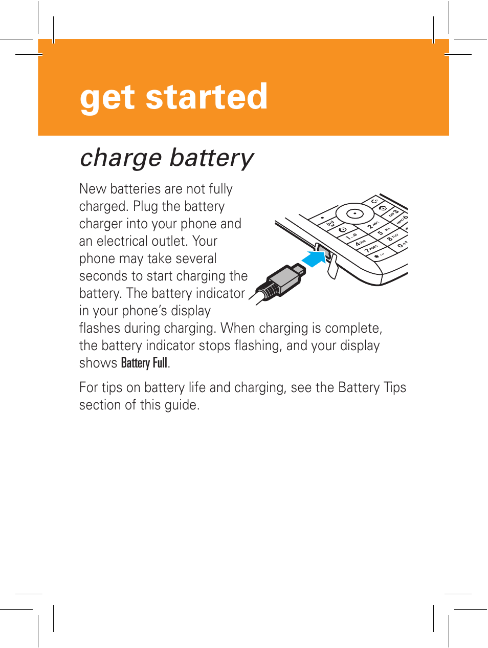 Get started, Charge battery | Motorola 6802932J69 User Manual | Page 5 / 80