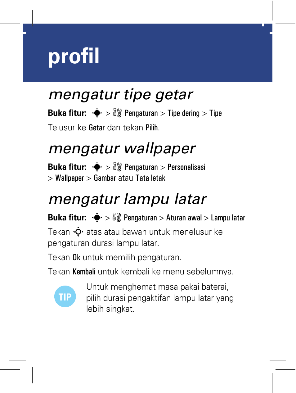 Mengatur tipe getar, Mengatur wallpaper, Mengatur lampu latar | Profil | Motorola 6802932J69 User Manual | Page 51 / 80