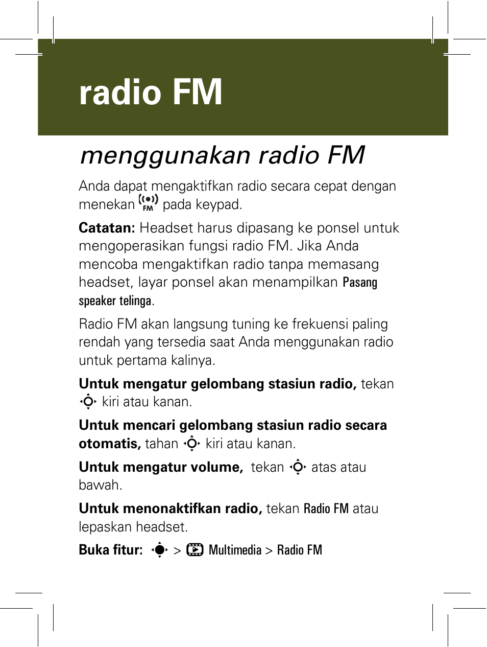 Radio fm, Menggunakan radio fm | Motorola 6802932J69 User Manual | Page 54 / 80