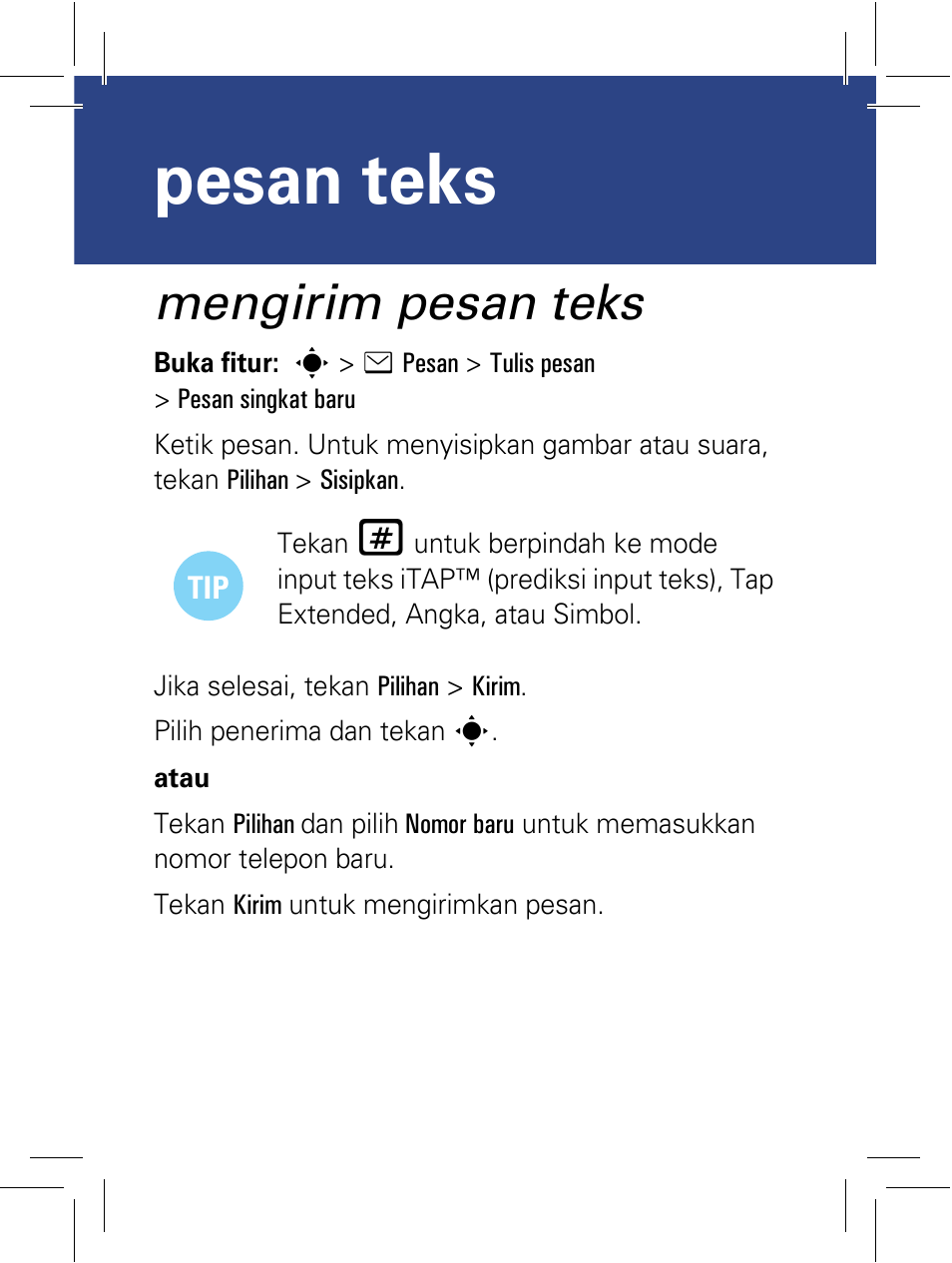 Pesan teks, Mengirim pesan teks | Motorola 6802932J69 User Manual | Page 56 / 80