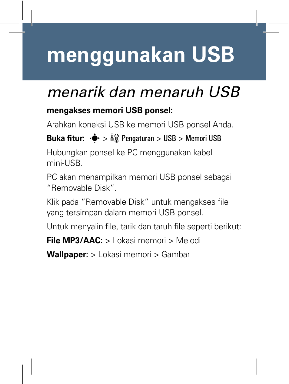 Menggunakan usb menarik/menaruh usb, Menarik dan menaruh usb, Menggunakan usb | Motorola 6802932J69 User Manual | Page 57 / 80