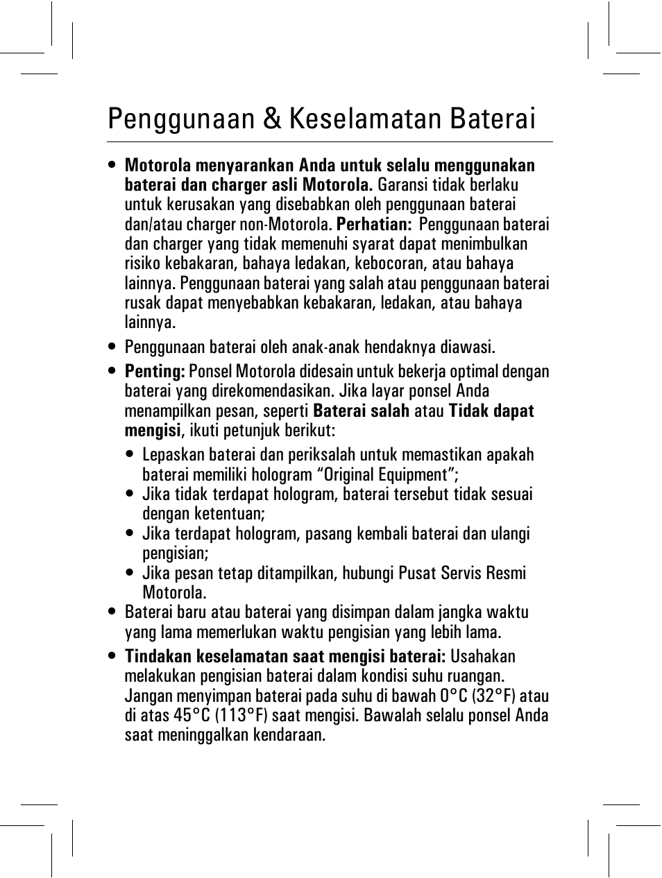 Penggunaan & keselamatan baterai | Motorola 6802932J69 User Manual | Page 58 / 80