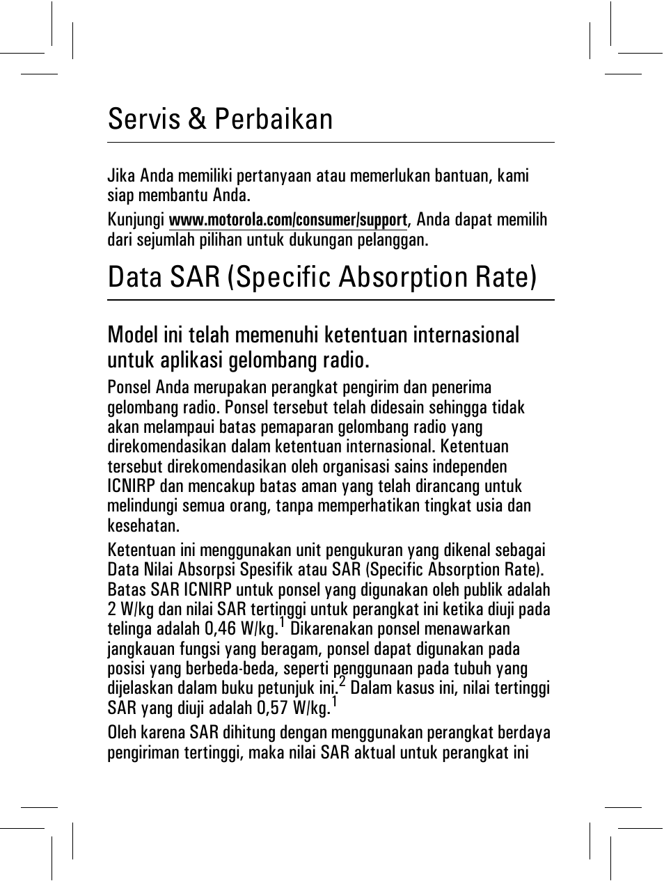 Servis & perbaikan, Data sar (specific absorption rate) | Motorola 6802932J69 User Manual | Page 61 / 80