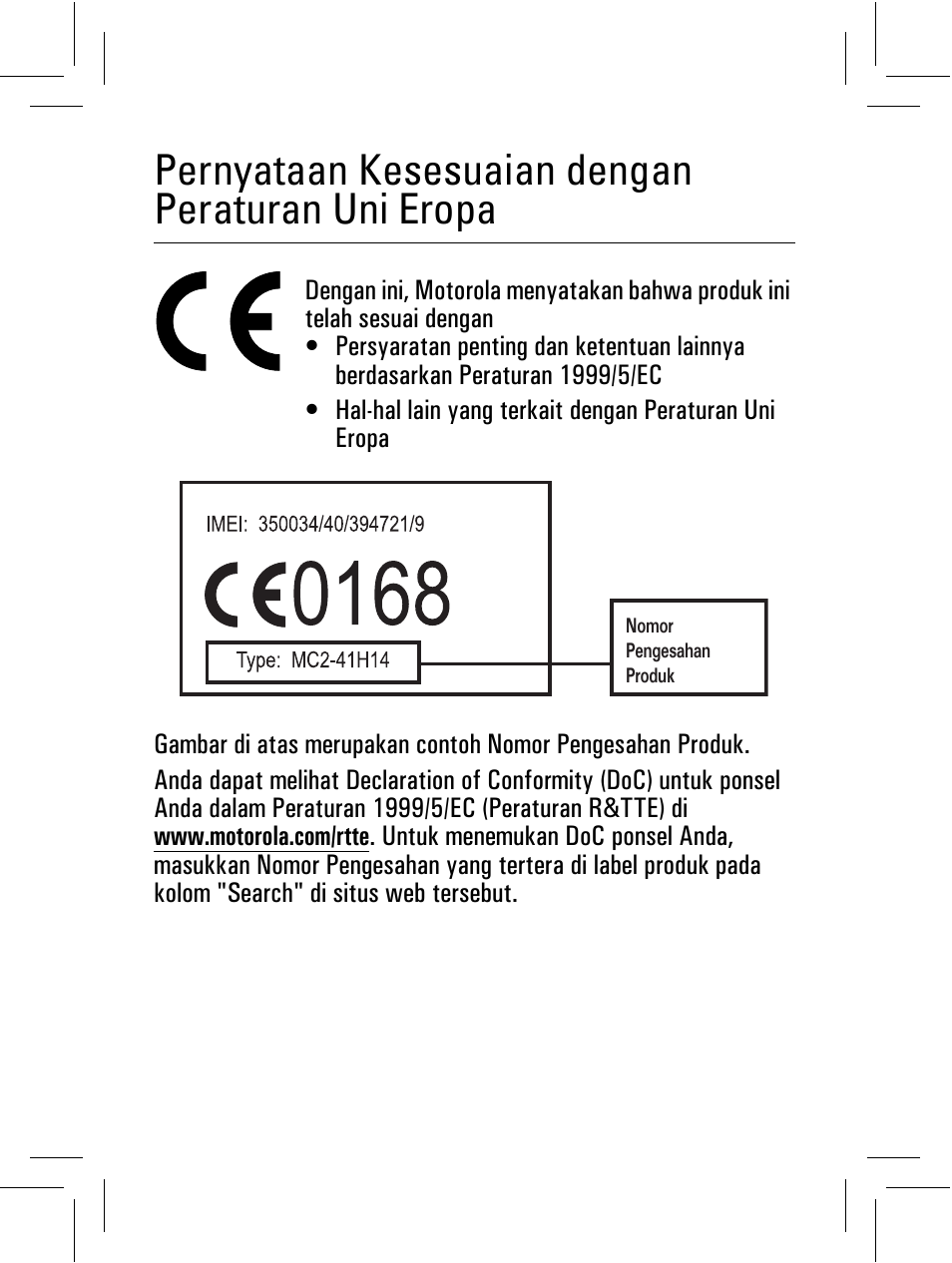 Kesesuaian eu, Pernyataan kesesuaian dengan peraturan uni eropa | Motorola 6802932J69 User Manual | Page 63 / 80