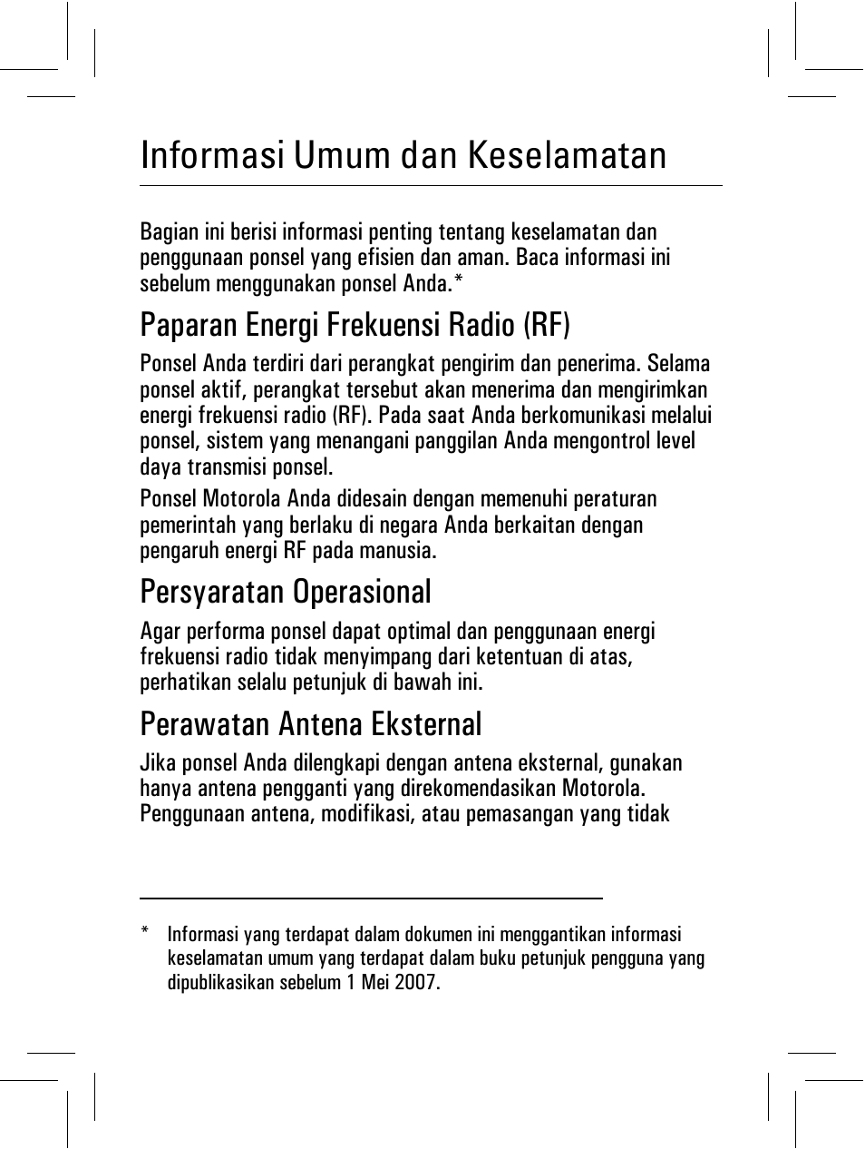 Informasi keselamatan, Informasi umum dan keselamatan, Paparan energi frekuensi radio (rf) | Persyaratan operasional, Perawatan antena eksternal | Motorola 6802932J69 User Manual | Page 64 / 80