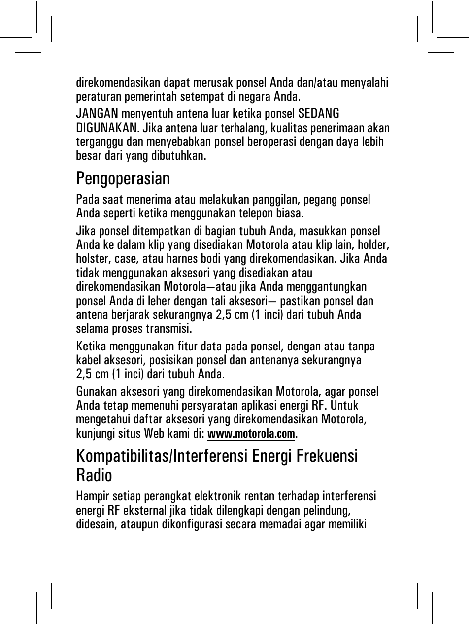 Pengoperasian, Kompatibilitas/interferensi energi frekuensi radio | Motorola 6802932J69 User Manual | Page 65 / 80