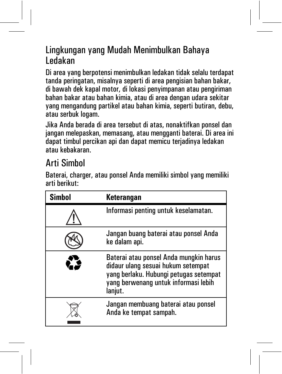 Lingkungan yang mudah menimbulkan bahaya ledakan, Arti simbol | Motorola 6802932J69 User Manual | Page 68 / 80