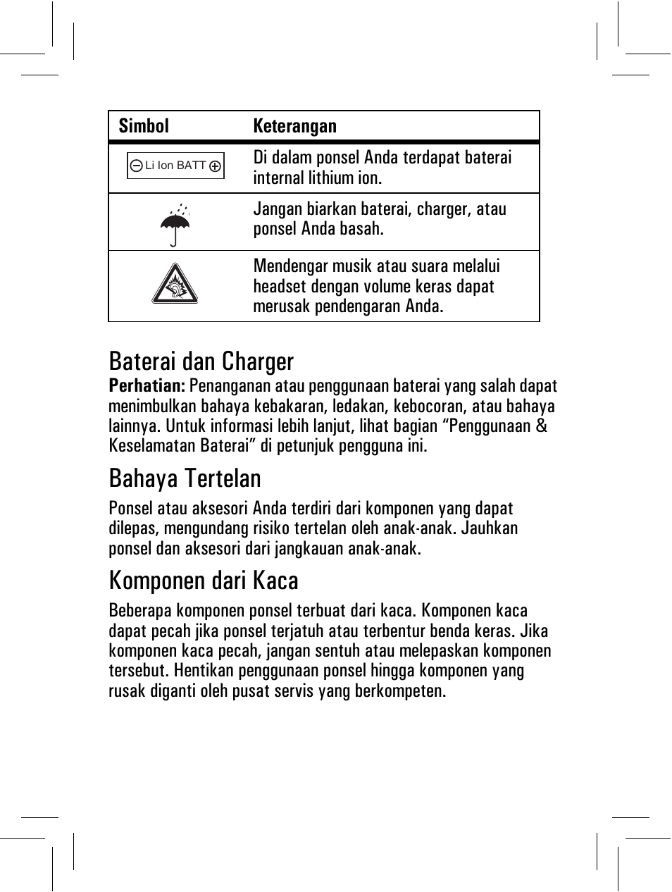 Baterai dan charger, Bahaya tertelan, Komponen dari kaca | Motorola 6802932J69 User Manual | Page 69 / 80