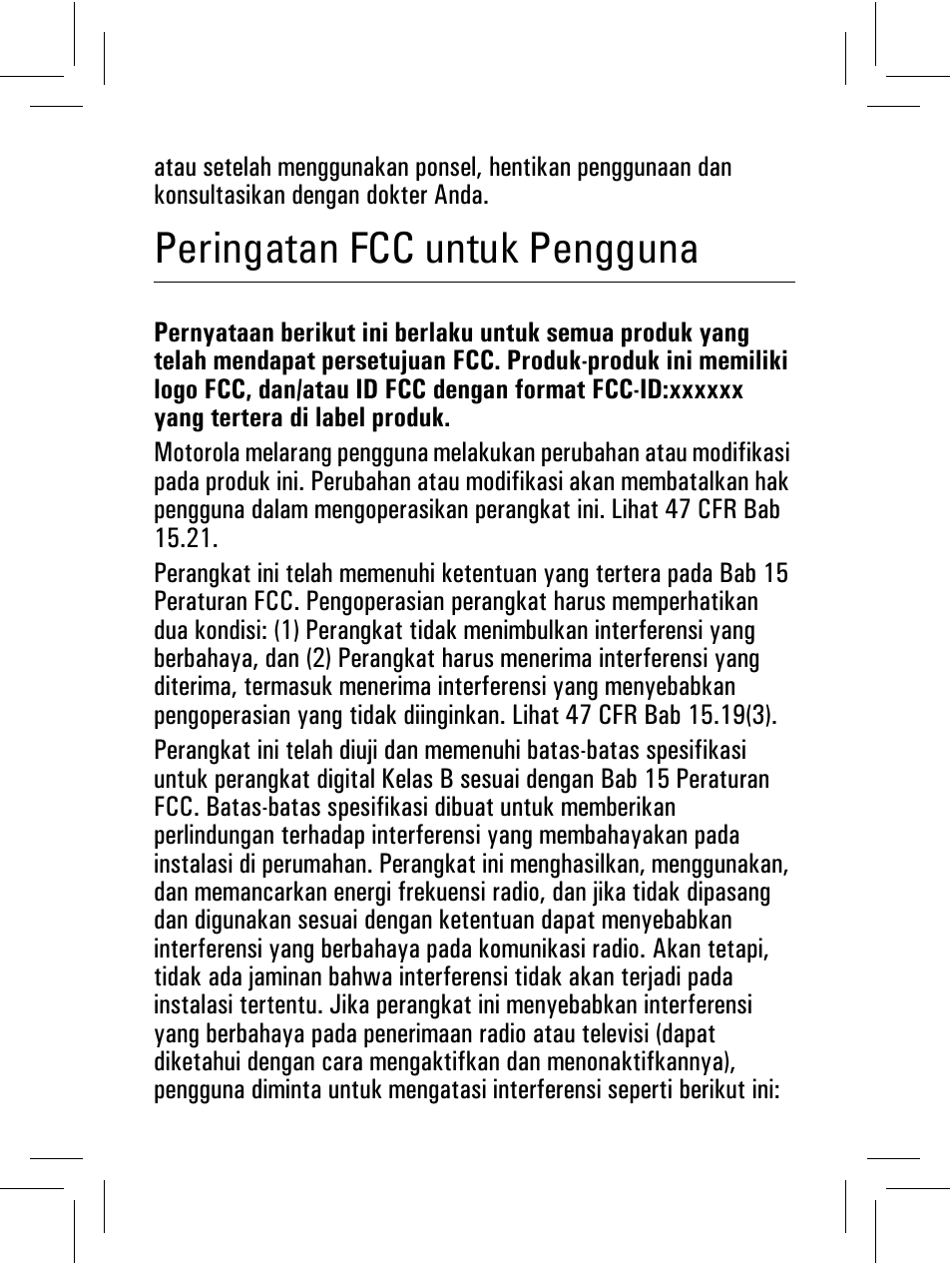 Peringatan fcc untuk pengguna | Motorola 6802932J69 User Manual | Page 71 / 80