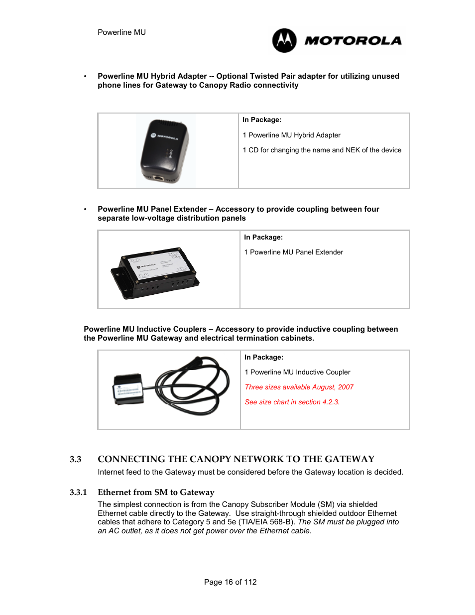 3 connecting the canopy network to the gateway 16, 1 ethernet from sm to gateway 16, Connecting the canopy network to the gateway | Ethernet from sm to gateway | Motorola Canopy Powerline MU User Manual | Page 16 / 112