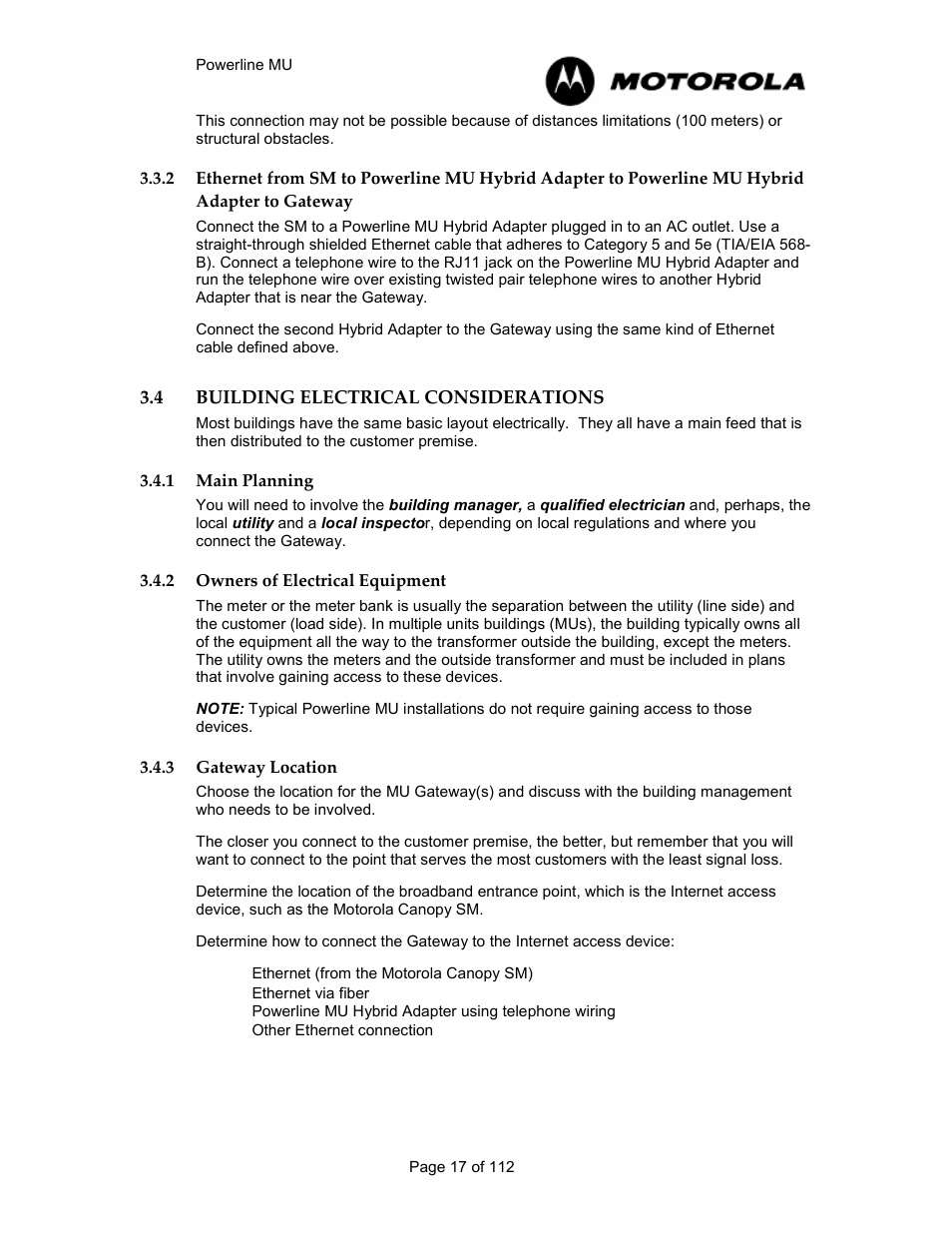 4 building electrical considerations 17, 1 main planning 17, 2 owners of electrical equipment 17 | 3 gateway location 17, Adapter to gateway, Building electrical considerations, Main planning, Owners of electrical equipment, Gateway location | Motorola Canopy Powerline MU User Manual | Page 17 / 112