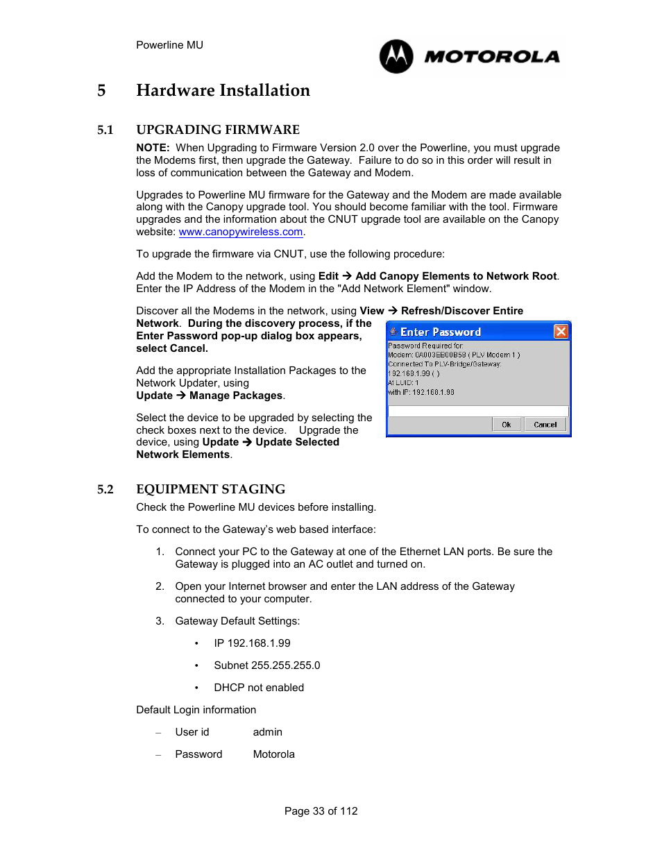 5 hardware installation 33, 1 upgrading firmware 33, 2 equipment staging 33 | Hardware installation, Upgrading firmware, Equipment staging, 5hardware installation | Motorola Canopy Powerline MU User Manual | Page 33 / 112