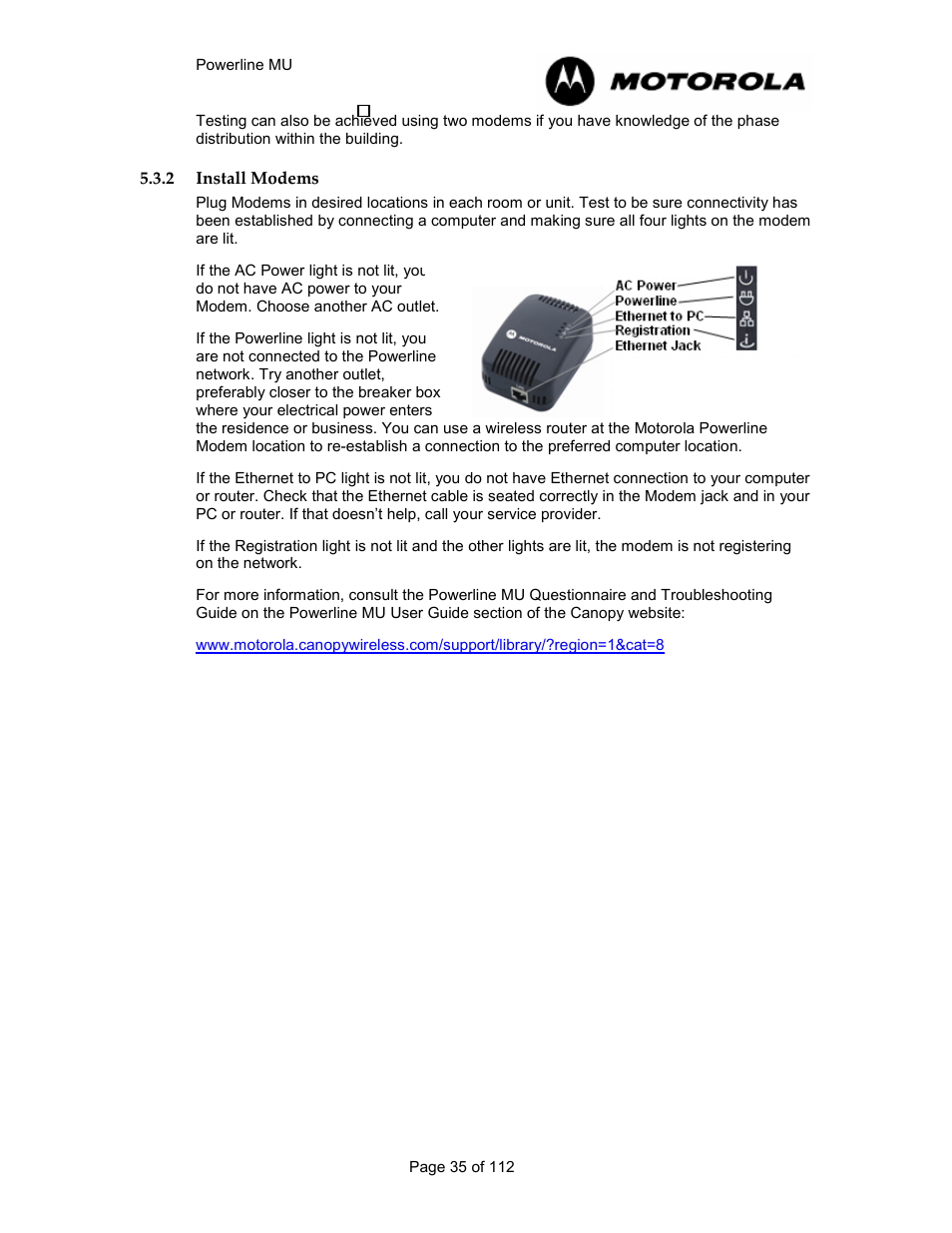 2 install modems 35, Install modems | Motorola Canopy Powerline MU User Manual | Page 35 / 112