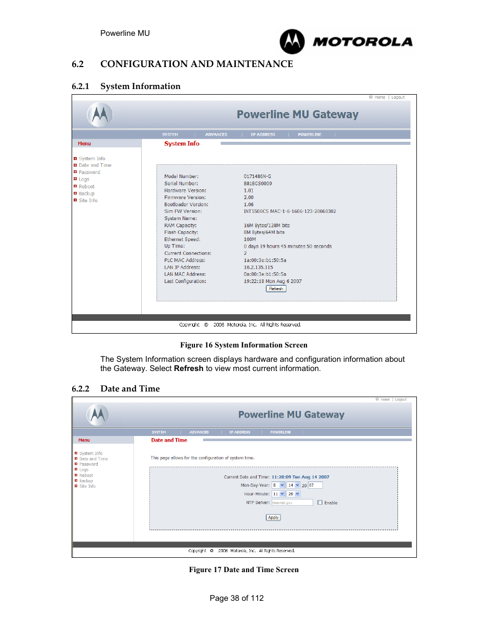 2 configuration and maintenance 38, 1 system information 38, 2 date and time 38 | Configuration and maintenance, System information, Date and time, Figure 15 system information screen, Figure 16 date and time screen | Motorola Canopy Powerline MU User Manual | Page 38 / 112