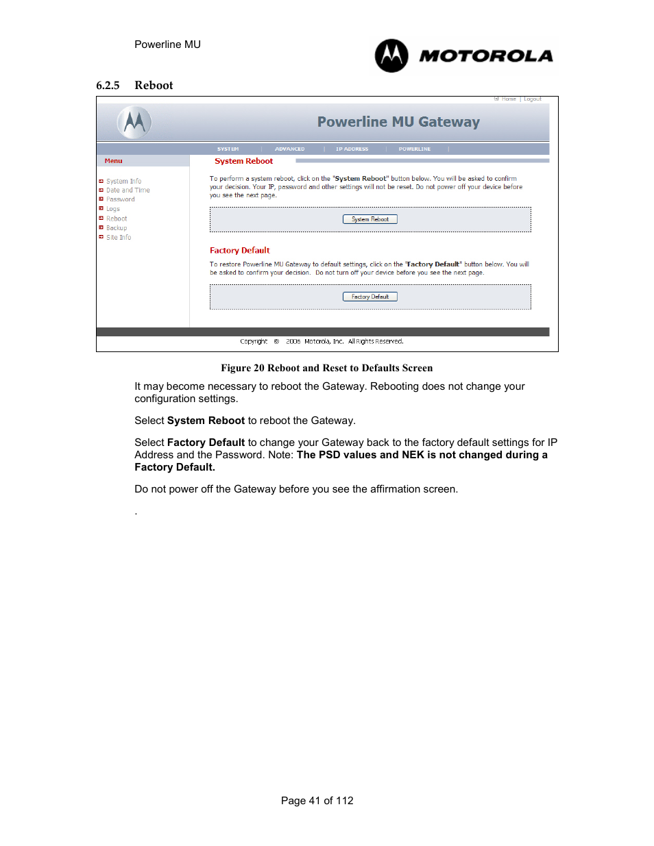 5 reboot 41, Reboot, Figure 19 reboot and reset to defaults screen | Motorola Canopy Powerline MU User Manual | Page 41 / 112