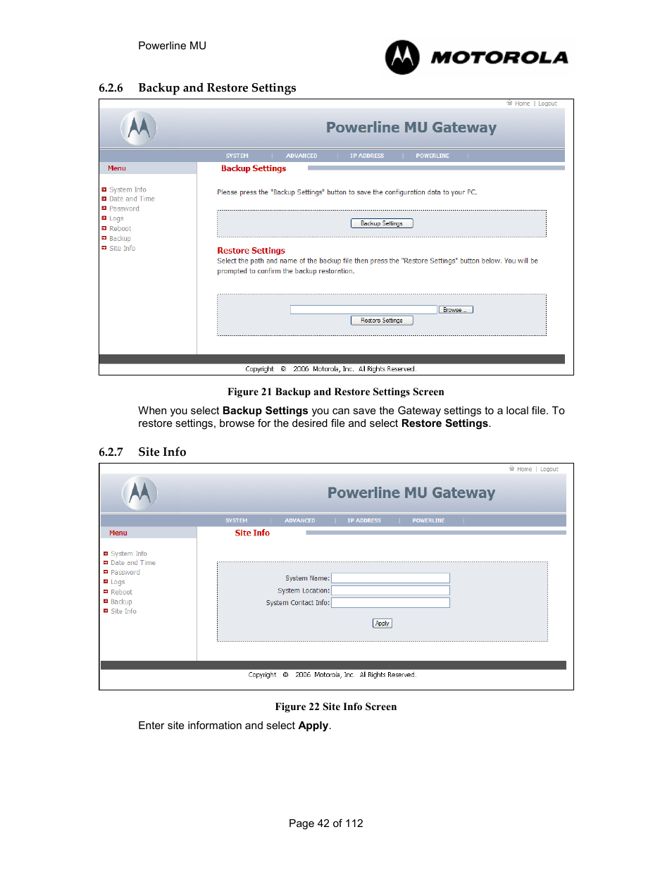 6 backup and restore settings 42, 7 site info 42, Backup and restore settings | Site info, Figure 20 backup and restore settings screen, Figure 21 site info screen | Motorola Canopy Powerline MU User Manual | Page 42 / 112