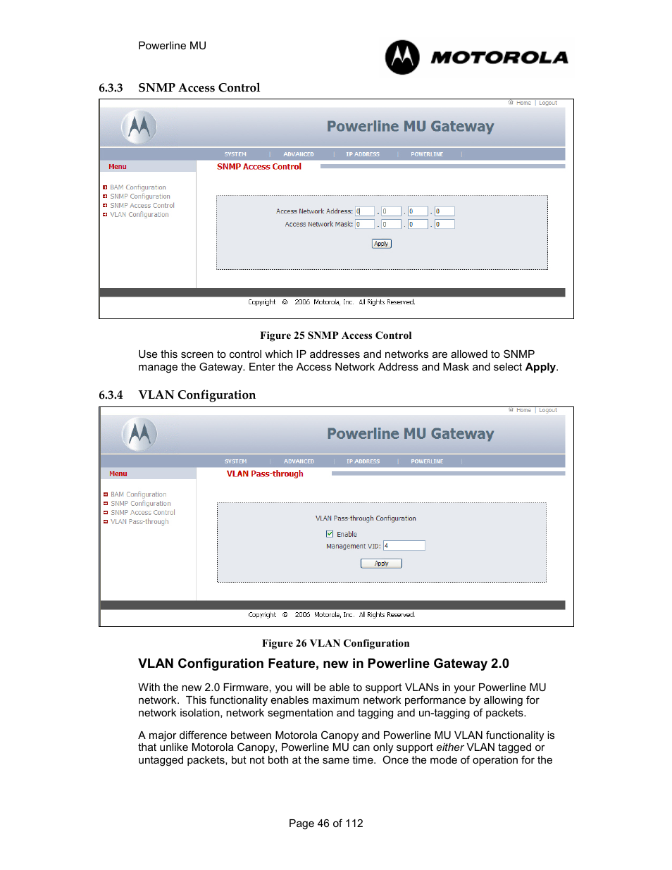 3 snmp access control 46, 4 vlan configuration 46, Snmp access control | Vlan configuration, Figure 24 snmp access control, Figure 25 vlan configuration | Motorola Canopy Powerline MU User Manual | Page 46 / 112