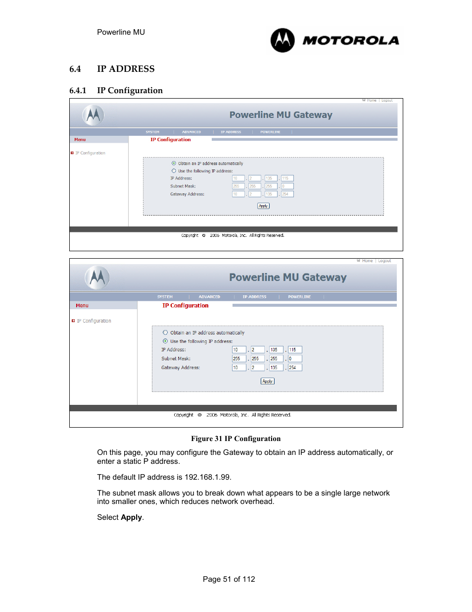 4 ip address 51, 1 ip configuration 51, Ip address | Ip configuration, Figure 30 ip configuration | Motorola Canopy Powerline MU User Manual | Page 51 / 112