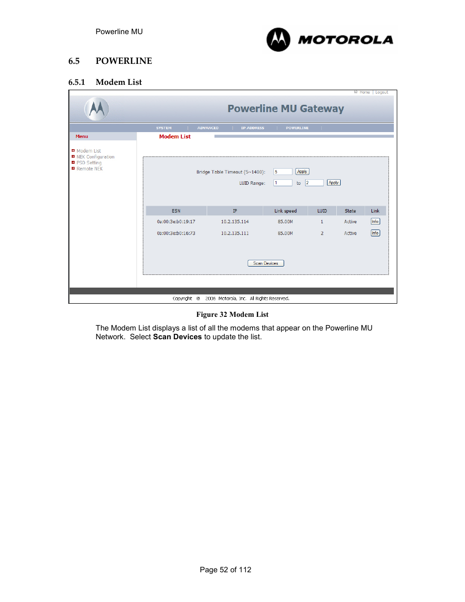 5 powerline 52, 1 modem list 52, Powerline | Modem list, Figure 31 modem list | Motorola Canopy Powerline MU User Manual | Page 52 / 112