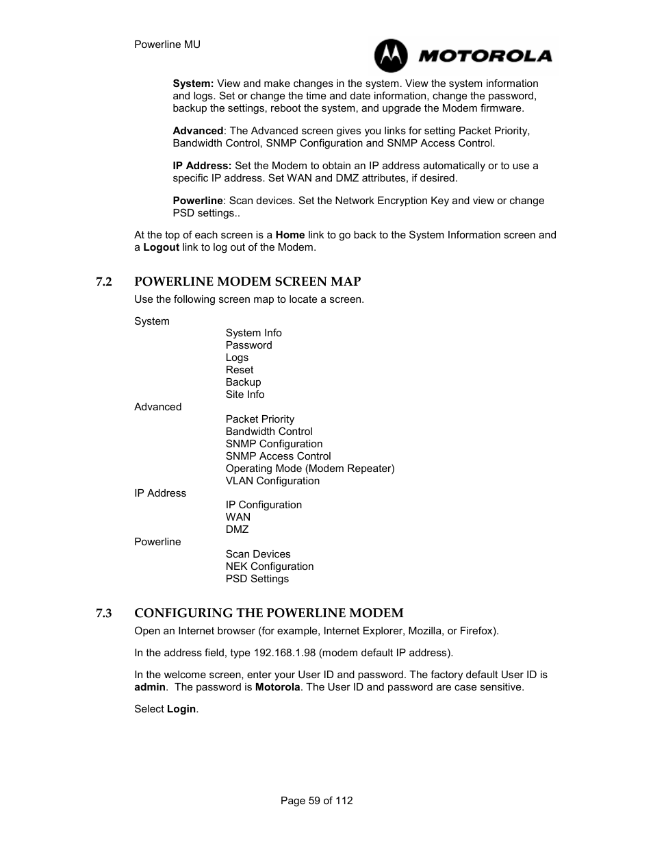 2 powerline modem screen map 59, 3 configuring the powerline modem 59, Powerline modem screen map | Configuring the powerline modem | Motorola Canopy Powerline MU User Manual | Page 59 / 112