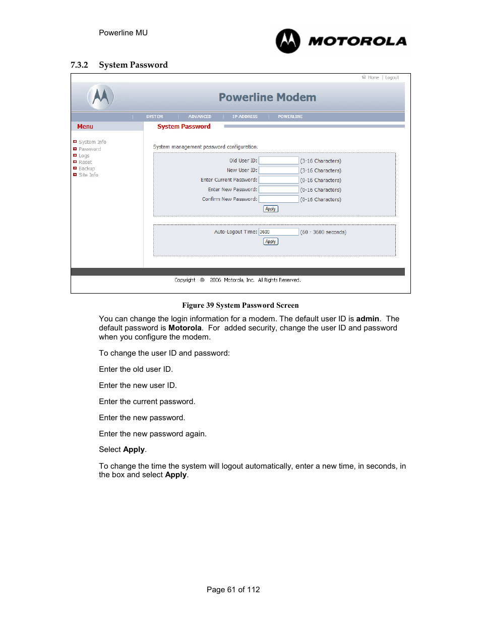 2 system password 61, System password, Figure 38 system password screen | Motorola Canopy Powerline MU User Manual | Page 61 / 112