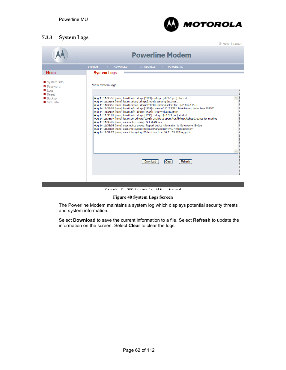 3 system logs 62, System logs, Figure 39 system logs screen | Motorola Canopy Powerline MU User Manual | Page 62 / 112