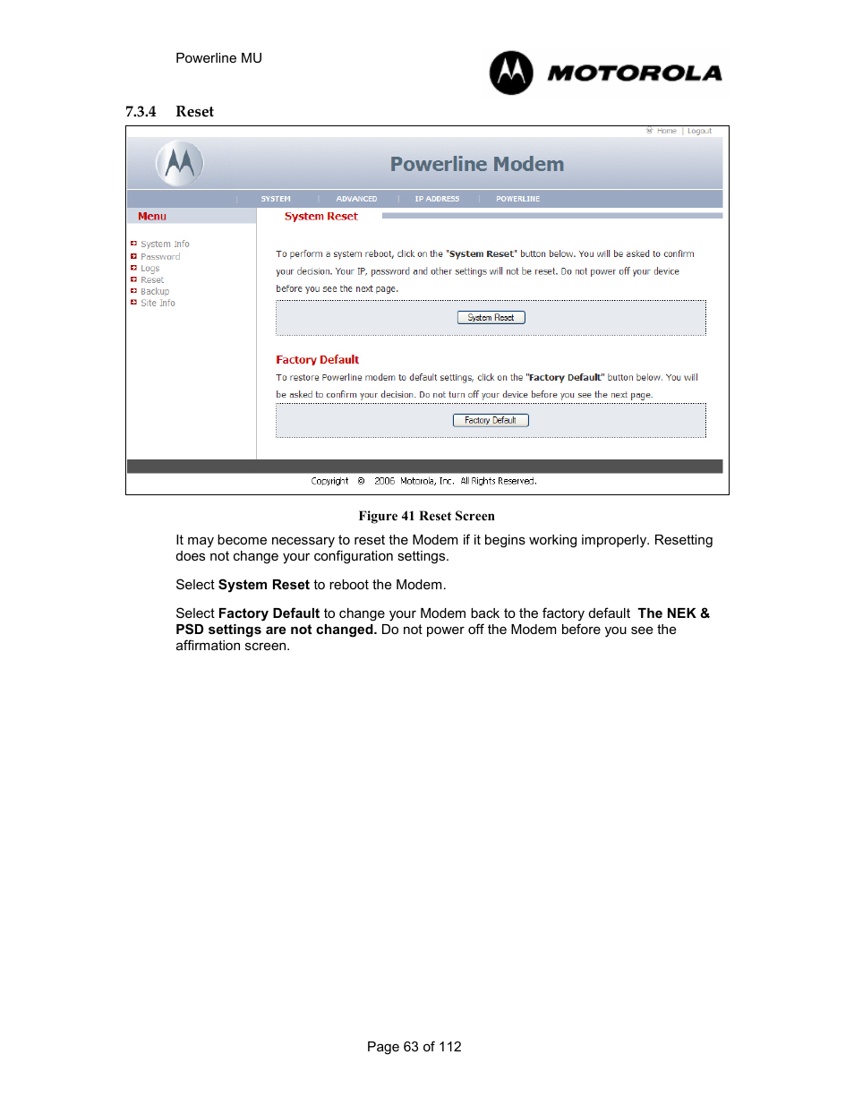 4 reset 63, Reset, Figure 40 reset screen | Motorola Canopy Powerline MU User Manual | Page 63 / 112
