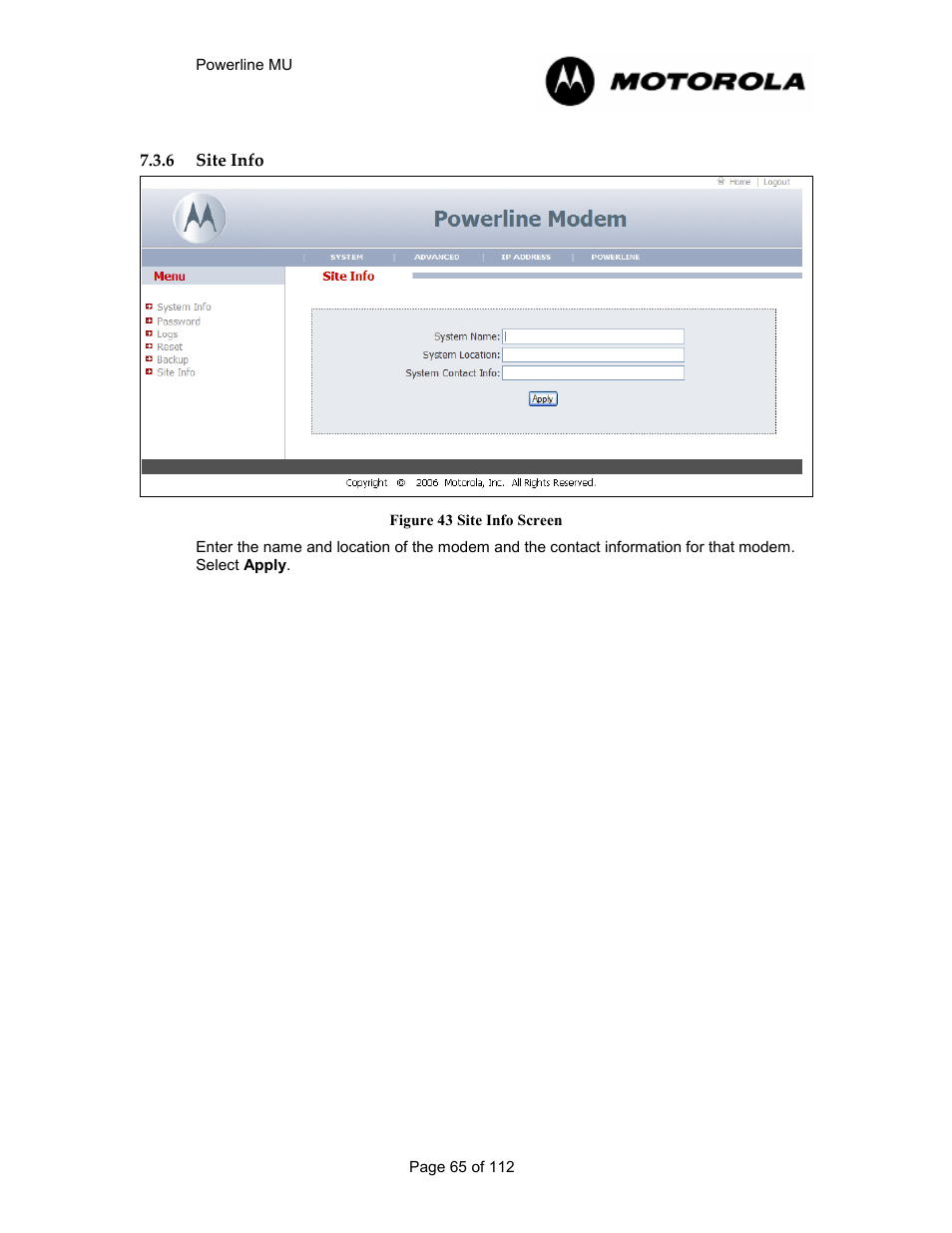 6 site info 65, Site info, Figure 42 site info screen | Motorola Canopy Powerline MU User Manual | Page 65 / 112