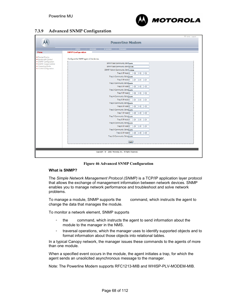 9 advanced snmp configuration 68, Advanced snmp configuration, Figure 45 advanced snmp configuration | Motorola Canopy Powerline MU User Manual | Page 68 / 112