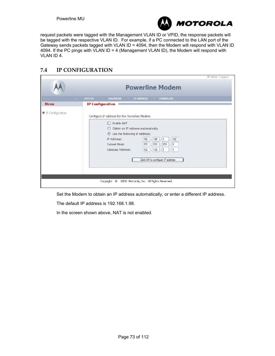 4 ip configuration 73, Ip configuration | Motorola Canopy Powerline MU User Manual | Page 73 / 112