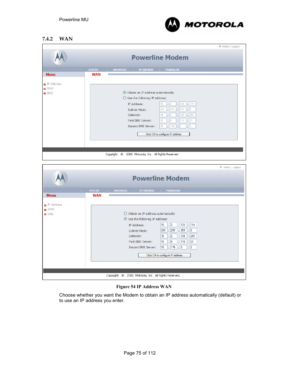 2 wan 75, Figure 53 ip address wan | Motorola Canopy Powerline MU User Manual | Page 75 / 112
