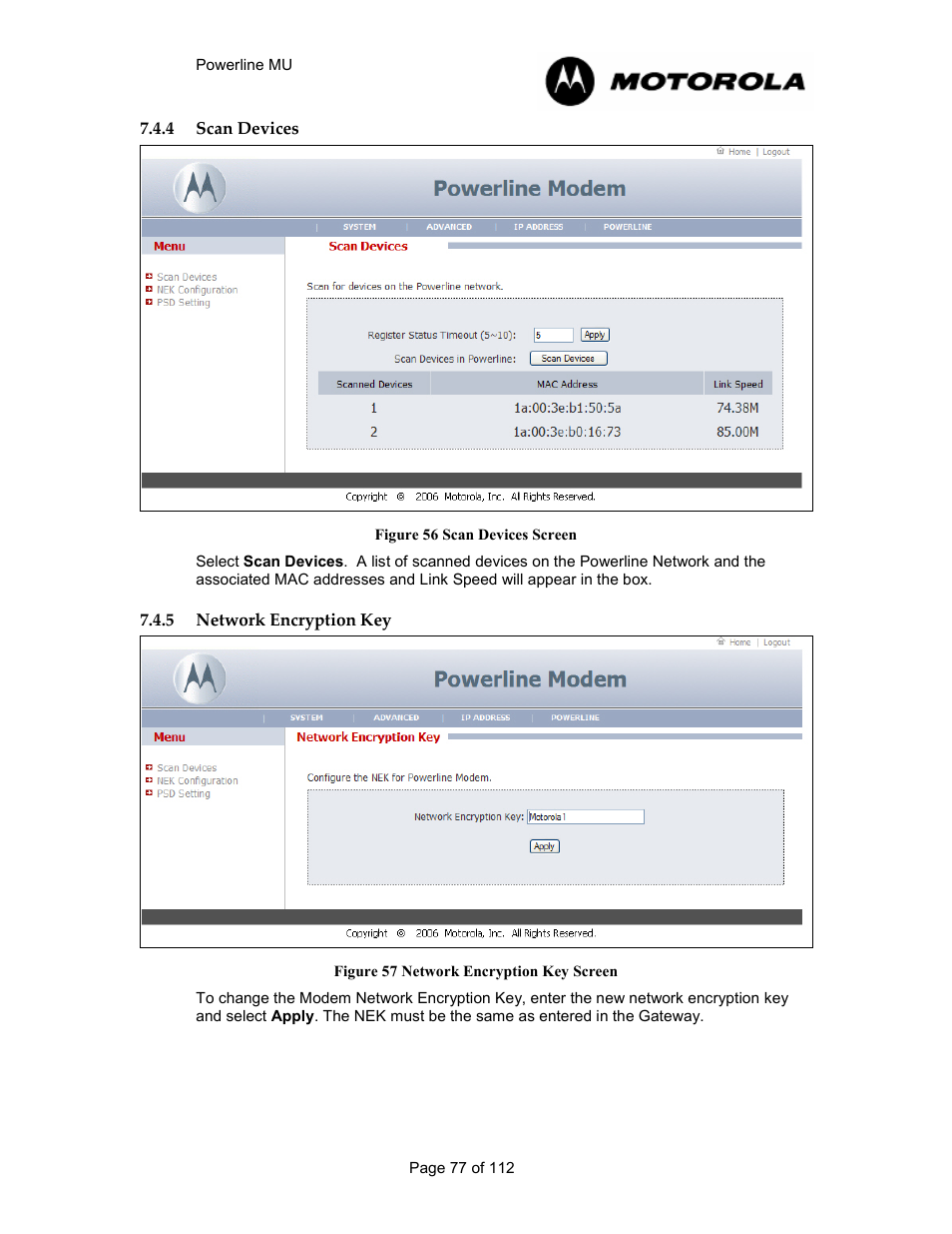 4 scan devices 77, 5 network encryption key 77, Figure 55 scan devices screen | Figure 56 network encryption key screen | Motorola Canopy Powerline MU User Manual | Page 77 / 112