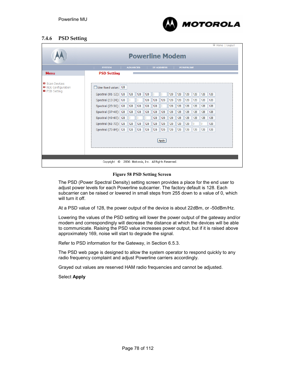 6 psd setting 78, Psd setting, Figure 57 psd setting screen | Motorola Canopy Powerline MU User Manual | Page 78 / 112