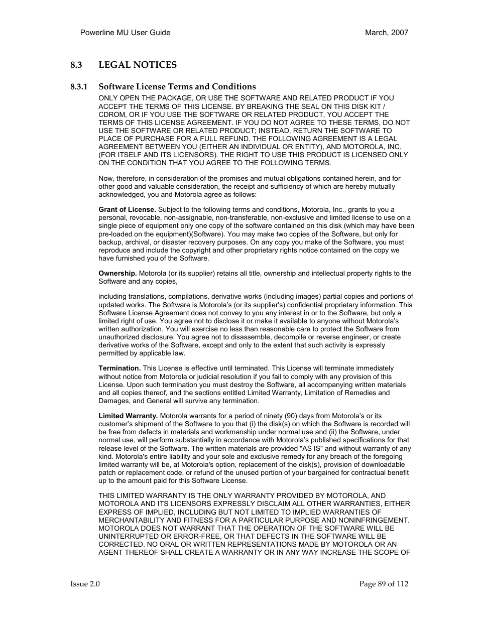 3 legal notices 89, 1 software license terms and conditions 89, Legal notices | Motorola Canopy Powerline MU User Manual | Page 89 / 112