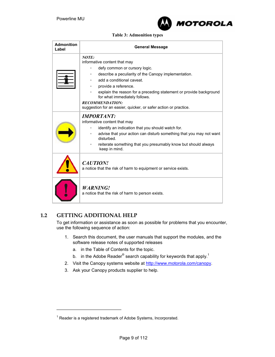 2 getting additional help 9, Getting additional help, Table 3: admonition types | Important, Caution, Warning, 2 getting additional help | Motorola Canopy Powerline MU User Manual | Page 9 / 112