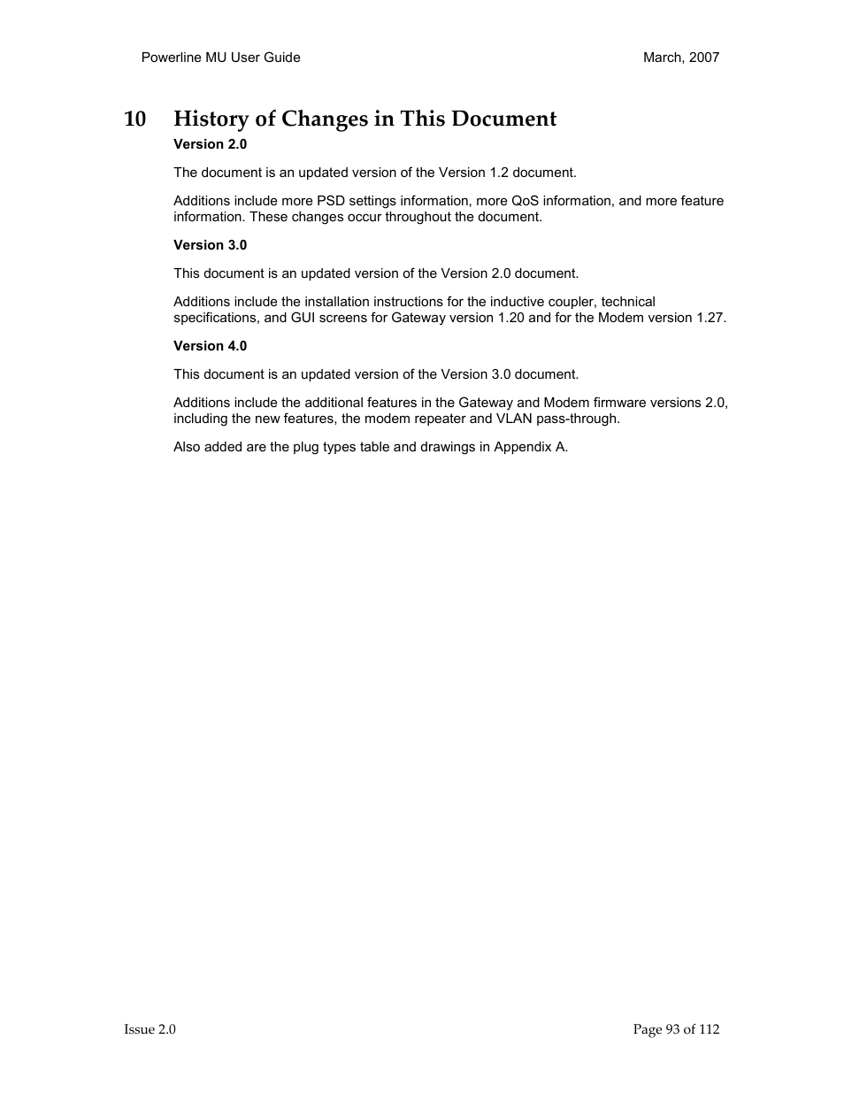 10 history of changes in this document 93, History of changes in this document, 10 history of changes in this document | Motorola Canopy Powerline MU User Manual | Page 93 / 112