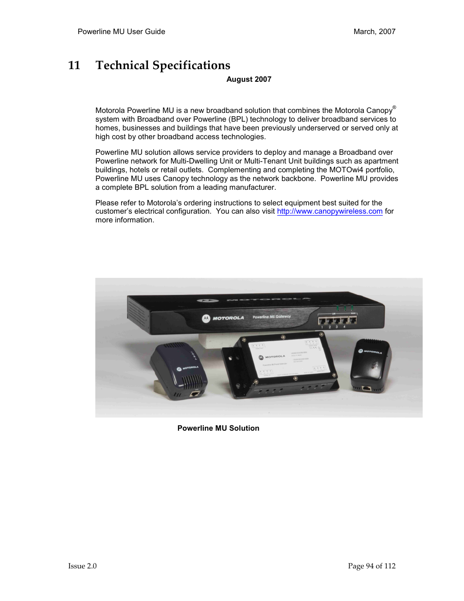 11 technical specifications 94, Technical specifications, 11 technical specifications | Motorola Canopy Powerline MU User Manual | Page 94 / 112