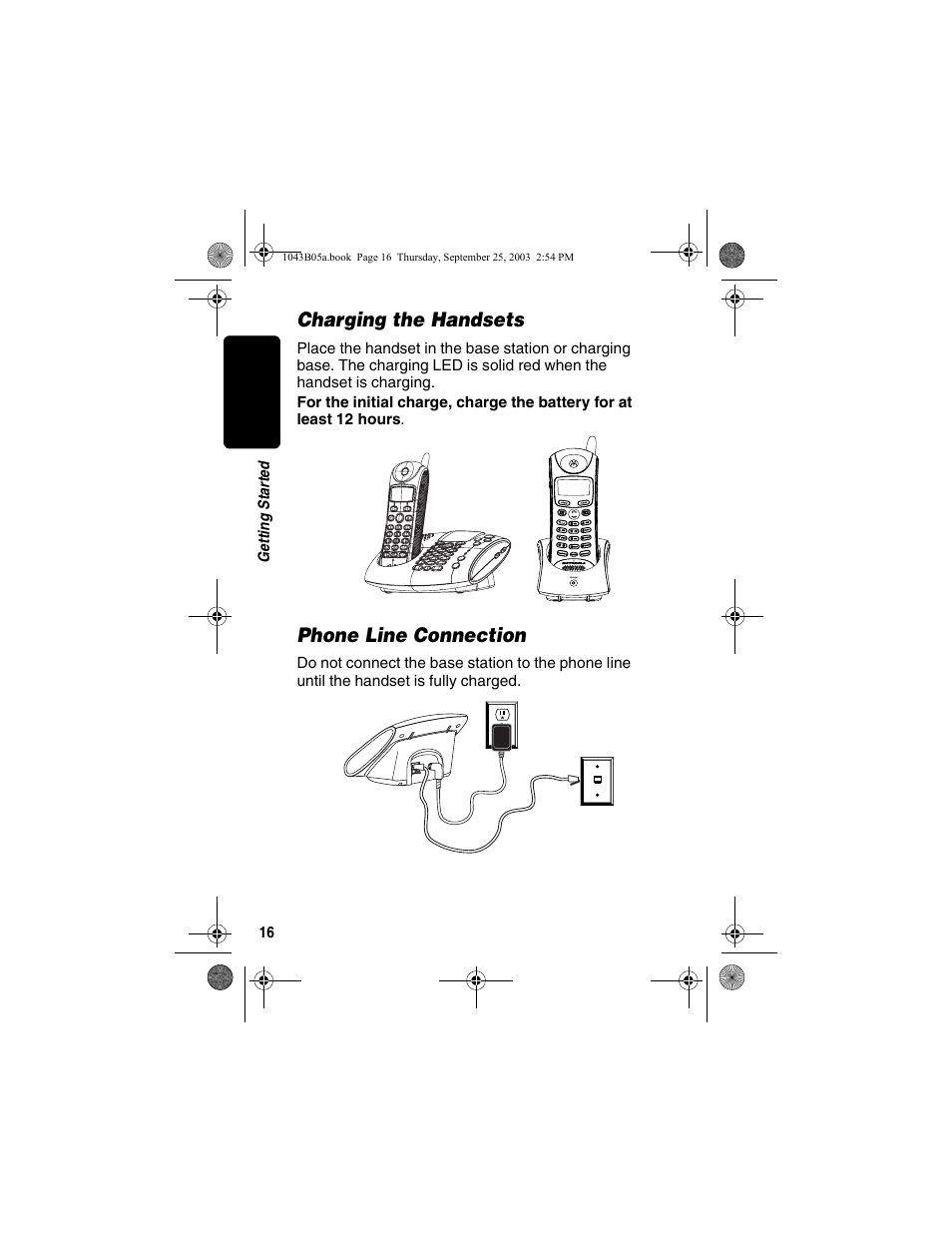 Charging the handsets, Phone line connection, Charging the handsets phone line connection | Motorola MD480 Series User Manual | Page 18 / 68