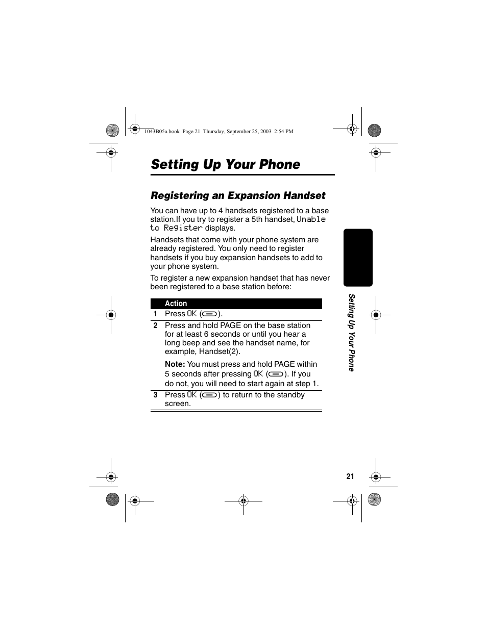 Setting up your phone, Registering an expansion handset | Motorola MD480 Series User Manual | Page 23 / 68