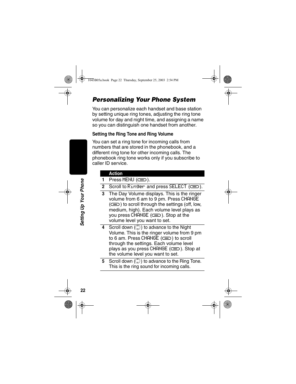 Personalizing your phone system, Setting the ring tone and ring volume | Motorola MD480 Series User Manual | Page 24 / 68